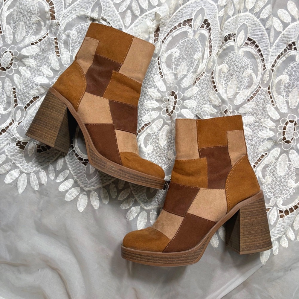 Bratz Vintage Inspired Y2K Patchwork Platform Boots Brown Suede Block Heel 10